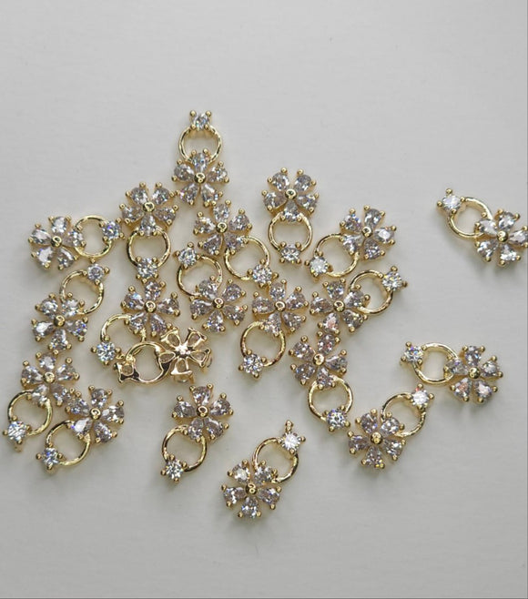 Sparkling Zircon Gold Flower Ring Charm for Nail Art 2pc