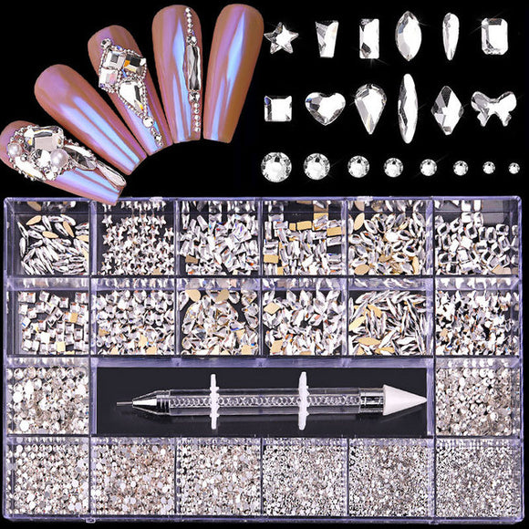 2500pcs AB Glass Silver Rhinestones Crystal Nail Art Set: Includes 1pcs Pick Up Pen and 21 Unique Shapes in a Grids Box