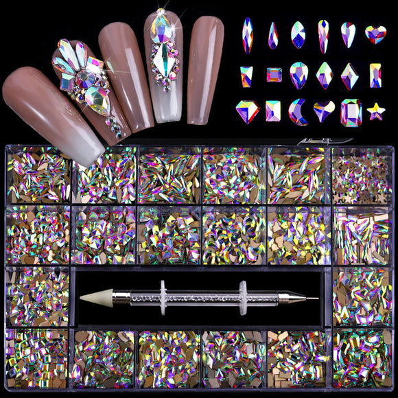 2500pcs AB Glass Rhinestones Crystal Nail Art Set: Includes 1pcs Pick Up Pen and 21 Unique Shapes in a Grids Box