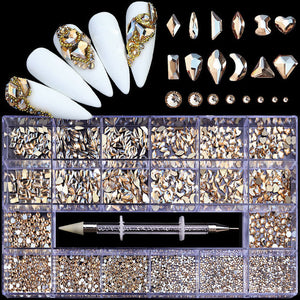 2500pcs AB Glass Peach Rhinestones Crystal Nail Art Set: Includes 1pcs Pick Up Pen and 21 Unique Shapes in a Grids Box