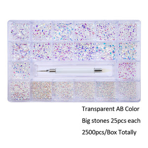 2500pcs AB Glass Transparent Rhinestones Crystal Nail Art Set: Includes 1pcs Pick Up Pen and 21 Unique Shapes in a Grids Box