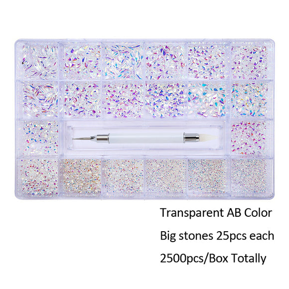 2500pcs AB Glass Transparent Rhinestones Crystal Nail Art Set: Includes 1pcs Pick Up Pen and 21 Unique Shapes in a Grids Box